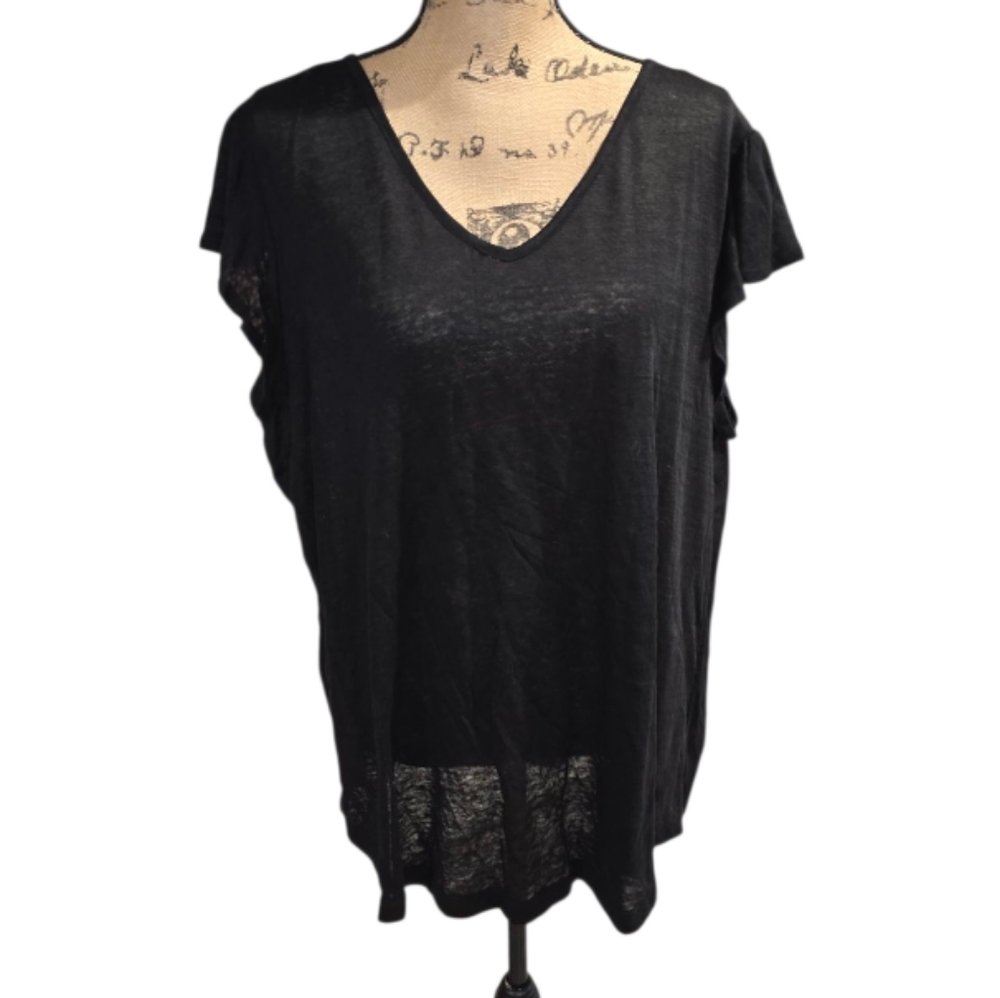 Rachel Zoe Black Linen V Neck Cap Sleeve Sheer Lightweight Top‎ Plus Size 1X New